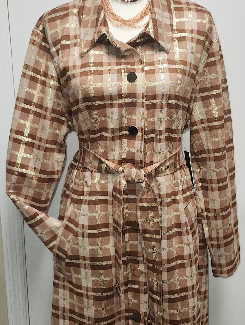 Womens Plaid Belted Trench Coat - Creme/Brown/Gold